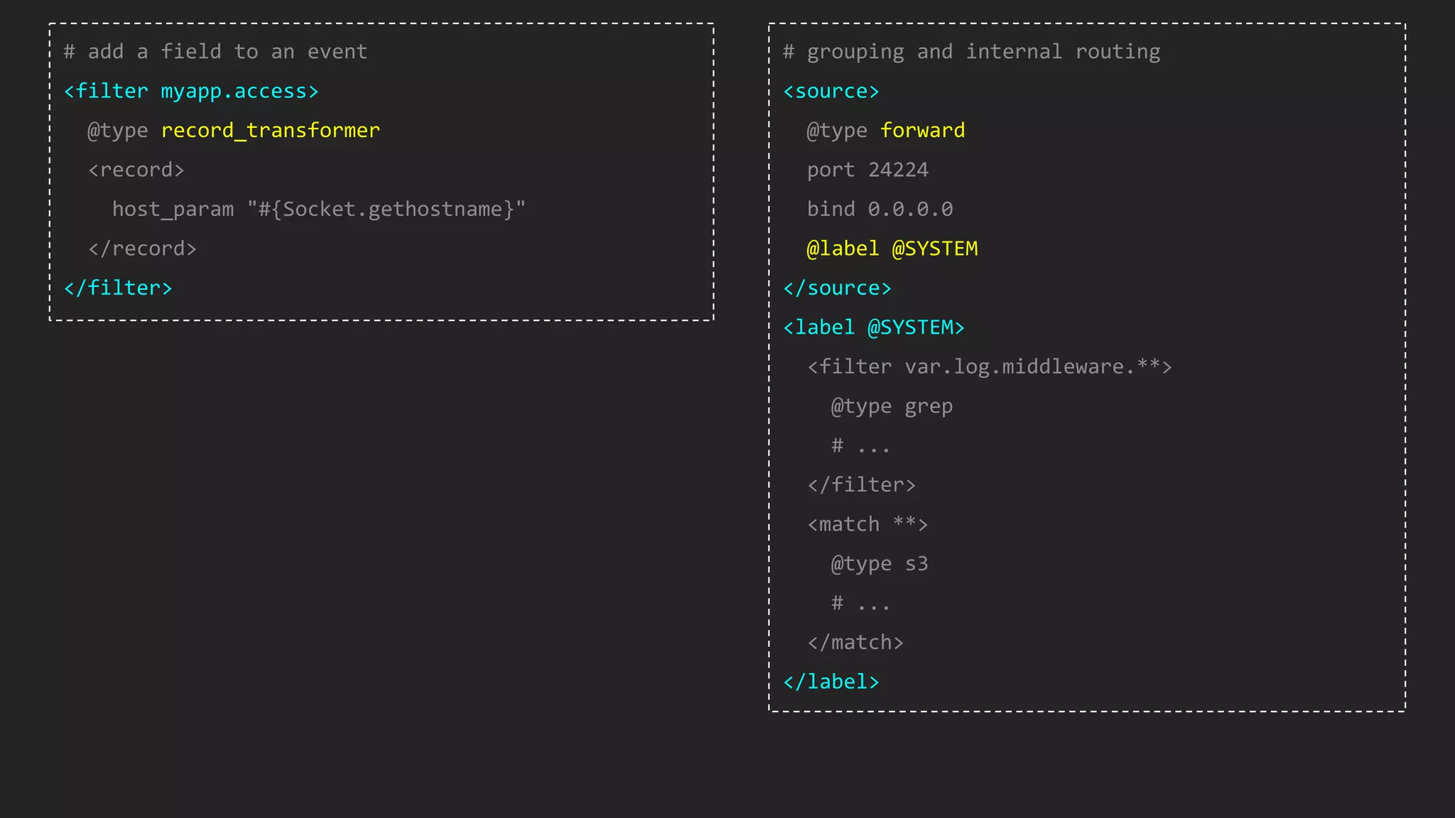 # add a field to an event <filter myapp.access> @type record_transformer <record> host_param "#{Socket.gethostname}" </record> </filter> # grouping and internal routing <source> @type forward port 24224 bind 0.0.0.0 @label @SYSTEM </source> <label @SYSTEM> <filter var.log.middleware.**> @type grep # ... </filter> <match **> @type s3 # ... </match> </label> 