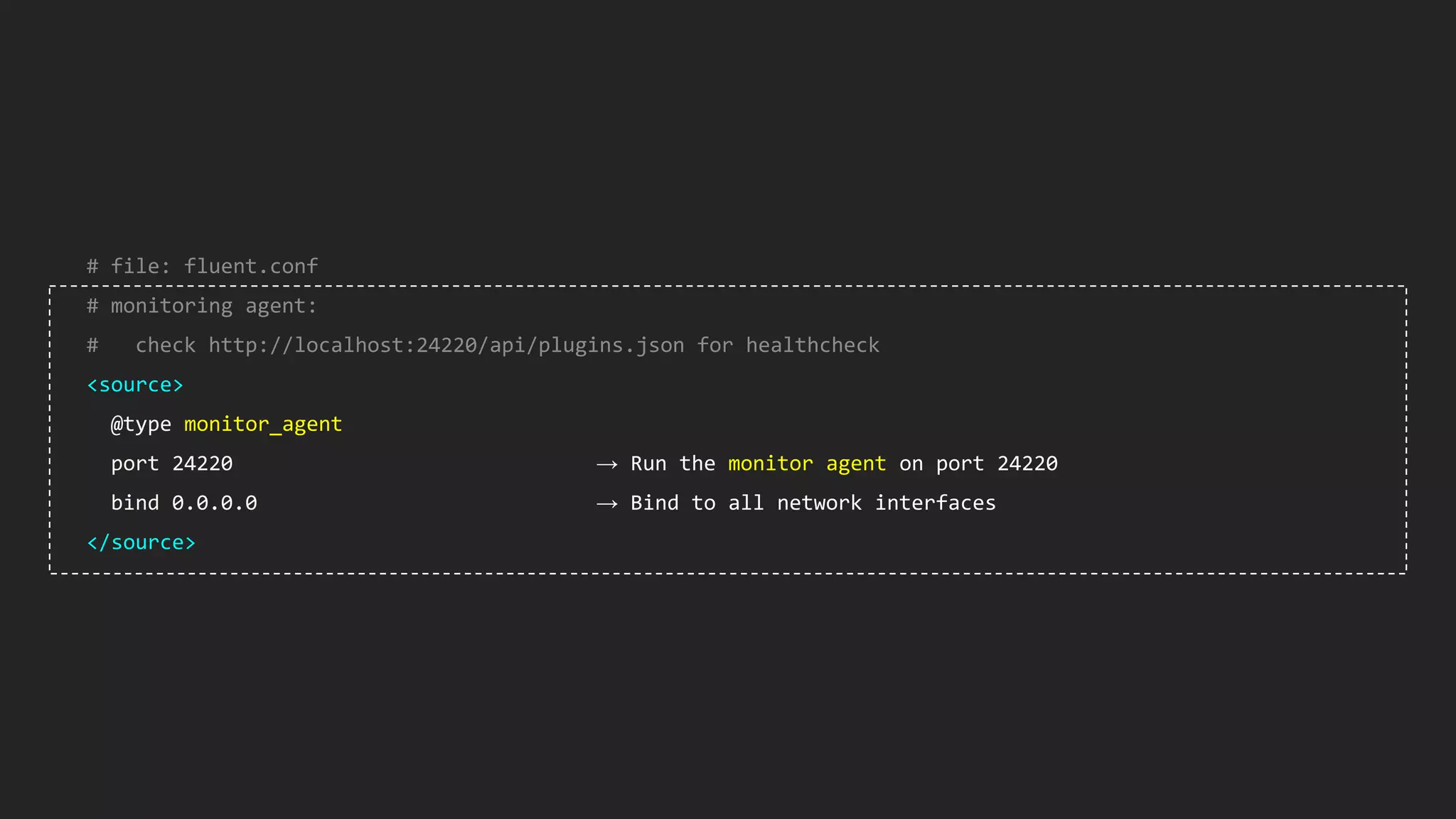 # file: fluent.conf # monitoring agent: # check http://localhost:24220/api/plugins.json for healthcheck <source> @type monitor_agent port 24220 → Run the monitor agent on port 24220 bind 0.0.0.0 → Bind to all network interfaces </source> 