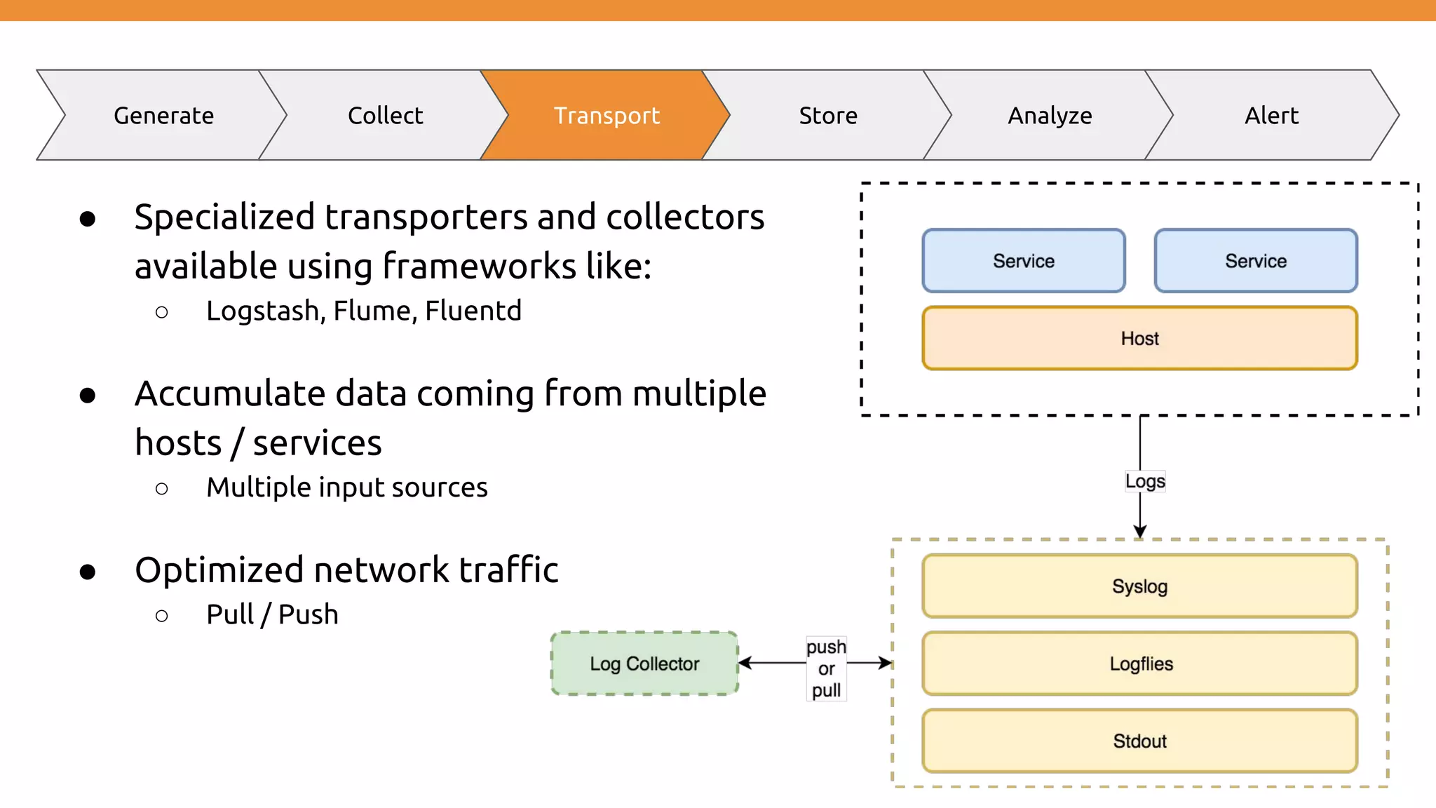 ● Specialized transporters and collectors available using frameworks like: ○ Logstash, Flume, Fluentd ● Accumulate data coming from multiple hosts / services ○ Multiple input sources ● Optimized network traffic ○ Pull / Push Generate Collect Transport Store Analyze Alert 