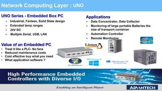 UNO Series - Embedded Box PC
 Industrial, Fanless, Solid State design
 Extended temp ranges
 24V DC
 Multiple Serial, USB, LAN
 Data Concentrator, Data Collector
 Monitoring of large portable Batteries the
size of transport container
 Automation Controller
 Remote Monitoring
Network Computing Layer : UNO
• Treat it like a PLC- No fans
• Reduced maintenance costs
• Cost effective buy what you need
• What application software ?
Value of an Embedded PC
Applications
 