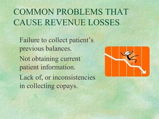COMMON PROBLEMS THAT
CAUSE REVENUE LOSSES
Failure to collect patient’s
previous balances.
Not obtaining current
patient information.
Lack of, or inconsistencies
in collecting copays.

 