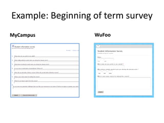 Example: Beginning of term survey
MyCampus           WuFoo
 