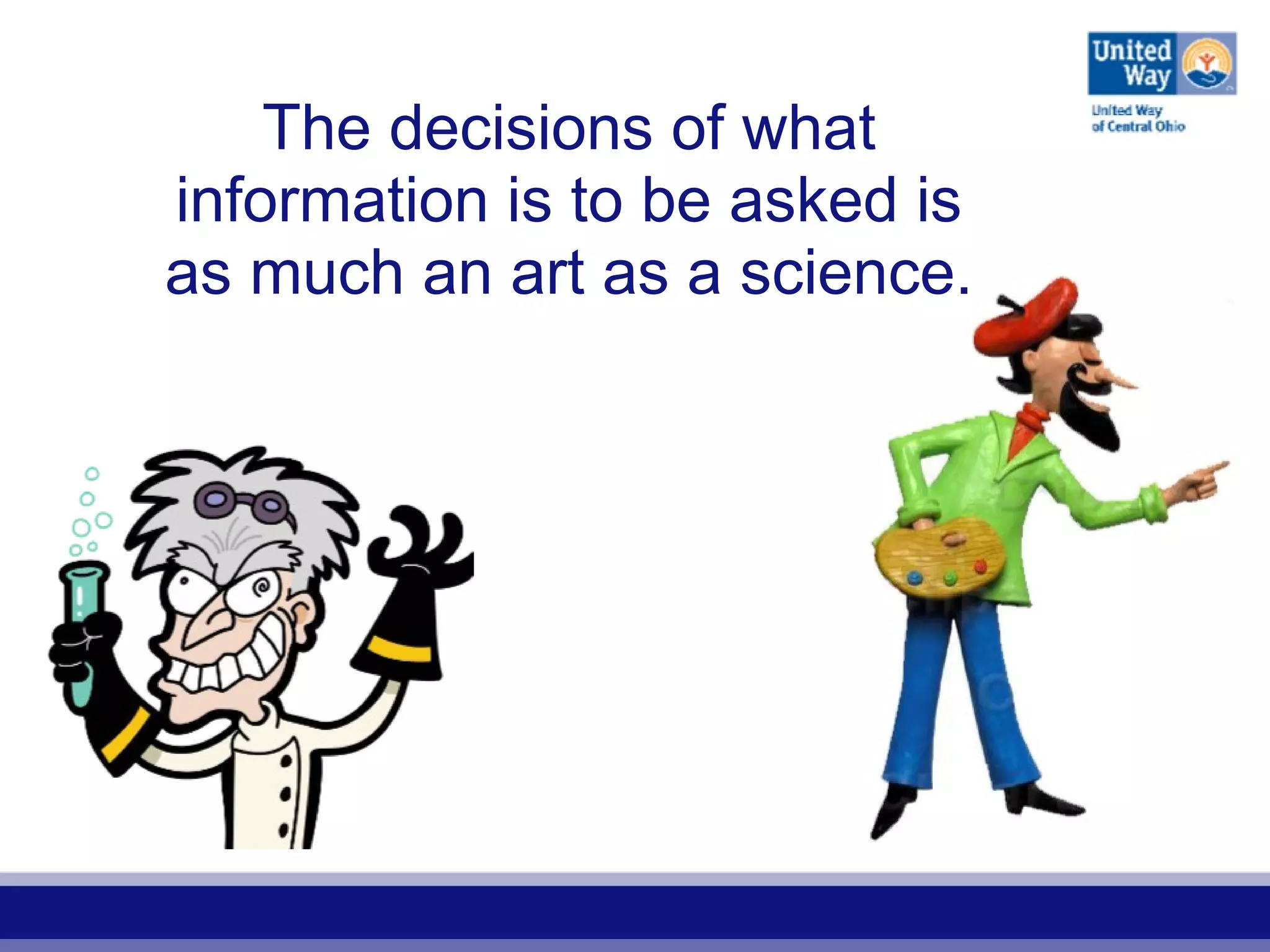 The decisions of what
information is to be asked is
as much an art as a science.
 