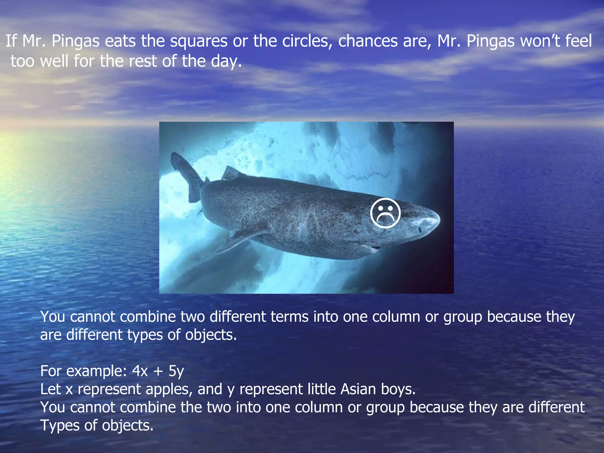 If Mr. Pingas eats the squares or the circles, chances are, Mr. Pingas won’t feel too well for the rest of the day.  You cannot combine two different terms into one column or group because they  are different types of objects. For example: 4x + 5y Let x represent apples, and y represent little Asian boys. You cannot combine the two into one column or group because they are different Types of objects.  