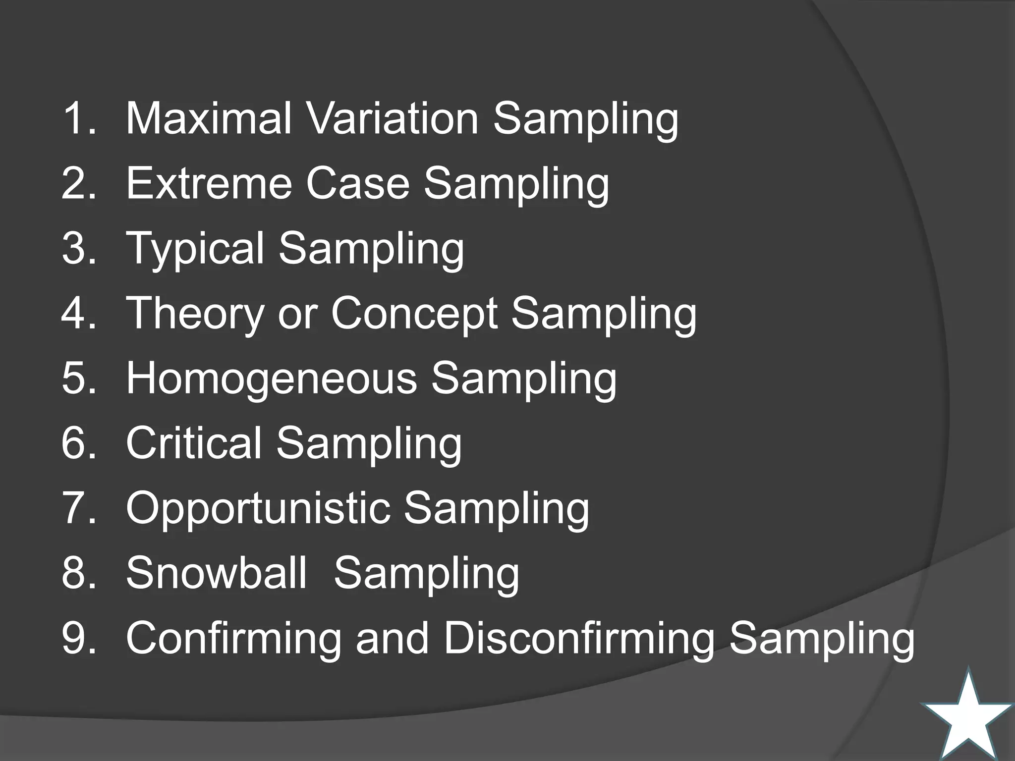 1. Maximal Variation Sampling
2. Extreme Case Sampling
3. Typical Sampling
4. Theory or Concept Sampling
5. Homogeneous Sampling
6. Critical Sampling
7. Opportunistic Sampling
8. Snowball Sampling
9. Confirming and Disconfirming Sampling
 