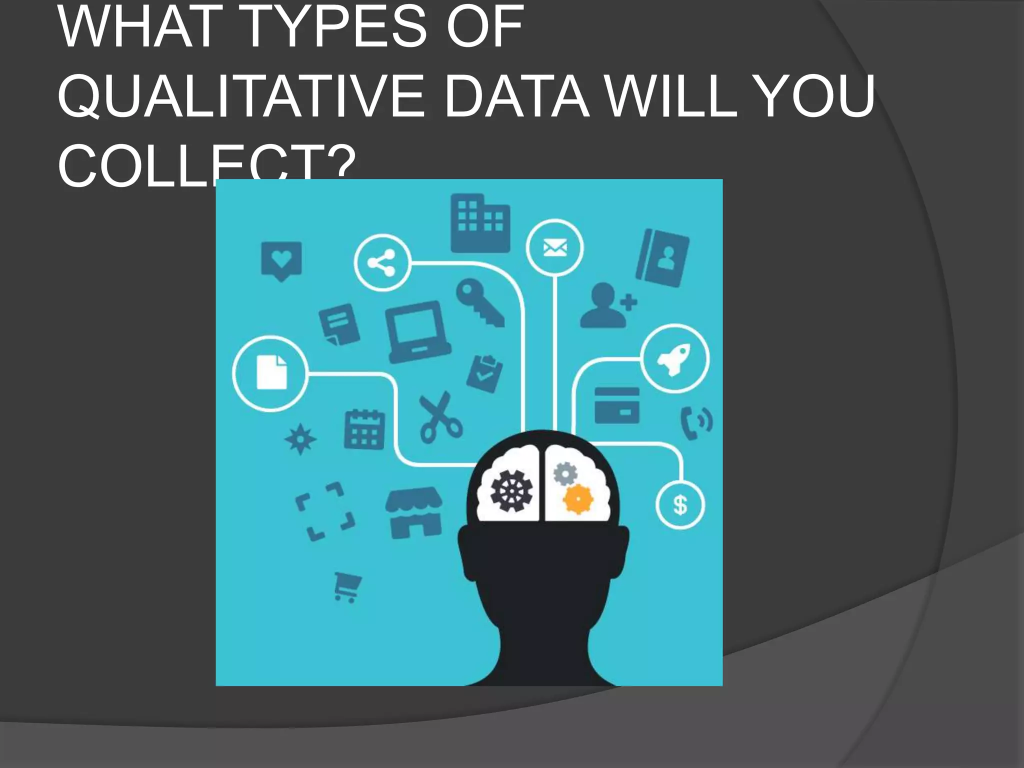 WHAT TYPES OF
QUALITATIVE DATA WILL YOU
COLLECT?
 