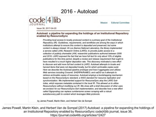 @hvdsomp
VIVO Conference 2019, September 5 2019, Podgorica, Montenegro
James Powell, Martin Klein, and Herbert Van de Sompel (2017) Autoload: a pipeline for expanding the holdings of
an Institutional Repository enabled by ResourceSync code{4}lib journal, issue 36.
https://journal.code4lib.org/articles/12427
2016 - Autoload
 