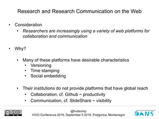 @hvdsomp
VIVO Conference 2019, September 5 2019, Podgorica, Montenegro
• Consideration
• Researchers are increasingly using a variety of web platforms for
collaboration and communication
• Why?
• Many of these platforms have desirable characteristics
• Versioning
• Time stamping
• Social embedding
• Their institutions do not provide platforms that have global reach
• Collaboration, cf. Github ~ productivity
• Communication, cf. SlideShare ~ visibility
Research and Research Communication on the Web
 