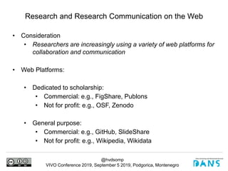@hvdsomp
VIVO Conference 2019, September 5 2019, Podgorica, Montenegro
• Consideration
• Researchers are increasingly using a variety of web platforms for
collaboration and communication
• Web Platforms:
• Dedicated to scholarship:
• Commercial: e.g., FigShare, Publons
• Not for profit: e.g., OSF, Zenodo
• General purpose:
• Commercial: e.g., GitHub, SlideShare
• Not for profit: e.g., Wikipedia, Wikidata
Research and Research Communication on the Web
 