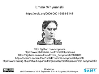 @hvdsomp
VIVO Conference 2019, September 5 2019, Podgorica, Montenegro
Emma Schymanski
https://orcid.org/0000-0001-6868-8145
https://github.com/schymane
https://www.slideshare.net/EmmaSchymanski
https://figshare.com/authors/Emma_Schymanski/5087039
https://publons.com/author/1538491/emma-schymanski#profile
https://www.eawag.ch/en/aboutus/portrait/organisation/staff/profile/emma-schymanski/
 