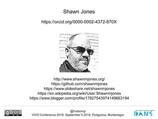 @hvdsomp
VIVO Conference 2019, September 5 2019, Podgorica, Montenegro
Shawn Jones
https://orcid.org/0000-0002-4372-870X
http://www.shawnmjones.org/
https://github.com/shawnmjones
https://www.slideshare.net/shawnmjones
https://en.wikipedia.org/wiki/User:Shawnmjones
https://www.blogger.com/profile/17827543974149663194
 