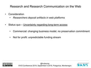 @hvdsomp
VIVO Conference 2019, September 5 2019, Podgorica, Montenegro
• Consideration
• Researchers deposit artifacts in web platforms
• Status quo – Uncertainty regarding long-term access
• Commercial: changing business model, no preservation commitment
• Not for profit: unpredictable funding stream
Research and Research Communication on the Web
 