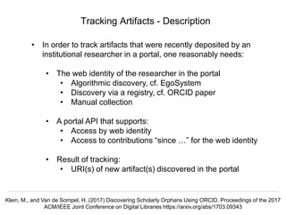 @hvdsomp
VIVO Conference 2019, September 5 2019, Podgorica, Montenegro
Tracking Artifacts - Description
• In order to track artifacts that were recently deposited by an
institutional researcher in a portal, one reasonably needs:
• The web identity of the researcher in the portal
• Algorithmic discovery, cf. EgoSystem
• Discovery via a registry, cf. ORCID paper
• Manual collection
• A portal API that supports:
• Access by web identity
• Access to contributions “since …” for the web identity
• Result of tracking:
• URI(s) of new artifact(s) discovered in the portal
Klein, M., and Van de Sompel, H. (2017) Discovering Scholarly Orphans Using ORCID. Proceedings of the 2017
ACM/IEEE Joint Conference on Digital Libraries https://arxiv.org/abs/1703.09343
 