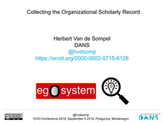 @hvdsomp
VIVO Conference 2019, September 5 2019, Podgorica, Montenegro
Herbert Van de Sompel
DANS
@hvdsomp
https://orcid.org/0000-0002-0715-6126
Collecting the Organizational Scholarly Record
 