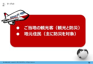 【Confidential】Copyright (C) CREATIVEHOPE,Inc. All Rights Reserved.
14
④. ターゲット
● ご当地の観光客（観光と防災）
● 地元住民（主に防災を対象）
 