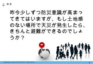 【Confidential】Copyright (C) CREATIVEHOPE,Inc. All Rights Reserved.
4
①. 概 要
昨今少しずつ防災意識が高まっ
てきてはいますが、もし土地感
のない場所で天災が発生したら、
きちんと避難ができるのでしょ
うか？
ココ
 