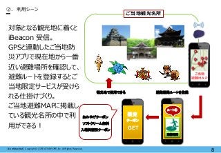 【Confidential】Copyright (C) CREATIVEHOPE,Inc. All Rights Reserved.
8
②. 利用シーン
おみやげクーポン
ソフトクリーム無料
入場料割引クーポン
観光地で使用できる
対象となる観光地に着くと
iBeacon 受信。
GPSと連動したご当地防
災アプリで現在地から一番
近い避難場所を確認して、
避難ルートを登録するとご
当地限定サービスが受けら
れる仕掛けづくり。
ご当地避難MAPに掲載し
ている観光名所の中で利
用ができる！
クーポン
GET
限定
ご当地
避難ＭＡＰ
ご当地観光名所
避難経路ルートを登録
避難場所
ルート①
 