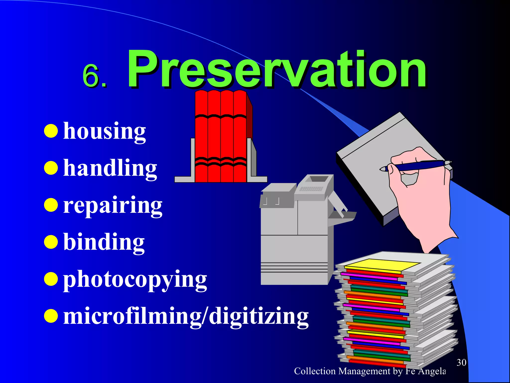 6.  Preservation housing handling repairing binding photocopying microfilming/digitizing 