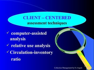computer-assisted  analysis relative use analysis Circulation-inventory ratio CLIENT – CENTERED assessment techniques 