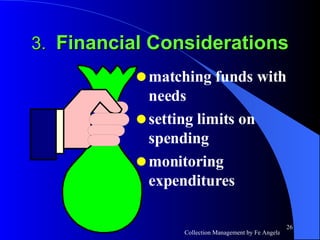 3.  Financial Considerations matching funds with needs setting limits on spending monitoring expenditures 