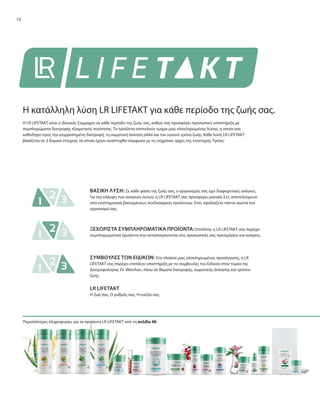 10
Η LR LIFETAKT είναι ο ιδανικός Σύμμαχος σε κάθε περίοδο της ζωής σας, καθώς σας προσφέρει προσωπική υποστήριξη με
συμπληρώματα διατροφής εξαιρετικής ποιότητας. Τα προϊόντα αποτελούν τμήμα μιας ολοκληρωμένης λύσης, η οποία σας
καθοδηγεί προς την ισορροπημένη διατροφή, τη σωματική άσκηση αλλά και τον υγιεινό τρόπο ζωής. Κάθε λύση LR LIFETAKT
βασίζεται σε 3 δομικά στοιχεία, τα οποία έχουν αναπτυχθεί σύμφωνα με τις σύχρονες αρχές της επιστήμης Υγείας:
Περισσότερες πληροφορίες για τα προϊόντα LR LIFETAKT από τη σελίδα 48.
Η κατάλληλη λύση LR LIFETAKT για κάθε περίοδο της ζωής σας.
ΒΑΣΙΚΗ ΛΥΣΗ: Σε κάθε φάση της ζωής σας, ο οργανισμός σας έχει διαφορετικές ανάγκες.
Για την κάλυψη των αναγκών αυτών, η LR LIFETAKT σας προσφέρει μηνιαία Σετ, αποτελούμενα
από επιστημονικά βασισμένους συνδυασμούς προϊόντων. Έτσι, εφοδιάζετε πάντα σωστά τον
οργανισμό σας.
ΞΕΧΩΡΙΣΤΑ ΣΥΜΠΛΗΡΩΜΑΤΙΚΑ ΠΡΟΪΟΝΤΑ: Επιπλέον, η LR LIFETAKT σας παρέχει
συμπληρωματικά προϊόντα που ανταποκρίνονται στις προσωπικές σας προτιμήσεις και ανάγκες.
ΣΥΜΒΟΥΛΕΣ ΤΩΝ ΕΙΔΙΚΩΝ: Στα πλαίσια μιας ολοκληρωμένης προσέγγισης, η LR
LIFETAKT σας παρέχει επιπλέον υποστήριξη με τις συμβουλές του Ειδικού στον τομέα της
Διατροφολογίας Dr. Werchan, πάνω σε θέματα διατροφής, σωματικής άσκησης και τρόπου
ζωής.
LR LIFETAKT
Η ζωή σας. Ο ρυθμός σας. Η ευεξία σας.
 