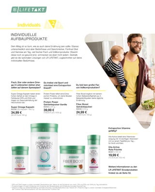 Individuals 1 32
Weitere Informationen zu den
LR LIFETAKT Einzelprodukten
findest du ab Seite 52.
1	
EPA und DHA tragen zu einer normalen Herzfunktion bei. Hierzu ist die Einnahme von mind. 250 mg EPA und DHA pro Tag erforderlich.
2	
Proteine tragen zu einer Erhaltung und Zunahme der Muskelmasse und Erhaltung normaler Knochen bei.
3	
Vitamin D trägt zur Aufrechterhaltung normaler Knochen und Muskelfunktion bei. Vitamin B1 (Thiamin) trägt zu einem normalen Energiestoffwechsel,
	 der Funktion des Nervensystems und der psychischen Funktion bei.
Vita Active bietet eine Vitaminver-
sorgung mit 10 wichtigen Vitaminen3
mit nur einem Teelöffel pro Tag –
für Groß und Klein.
Vita Active
Rote Früchte
80301 | 150 ml
19,99 €
(13,33 € pro 100 ml)
Extraportion Vitamine
gefällig?
Fiber Boost ergänzt mit seinem
hohen Ballaststoffgehalt aus 3
Ballaststoffquellen deine tägliche
Ernährung.
Fiber Boost
Getränkepulver
80630 | 210 g
24,99 €
(11,90 € pro 100 g)
Du bist kein großer Fan
von Vollkornprodukten?
Du treibst viel Sport und
möchtest eine Extraportion
Eiweiß?
Protein Power liefert eine Extra-
portion Proteine, um deine Muskel-
masse2
zu unterstützen.
Protein Power
Getränkepulver Vanille
80550 | 375 g
39,99 €
(106,64 € pro 1000 g)
Super Omega Kapseln haben einen
hohen Gehalt an den Omega-3-
Fettsäuren EPA und DHA und
tragen zur Gesunderhaltung der
Herzfunktion bei.1
Super Omega Kapseln
80338 | 60 Kapseln / 99,3 g
34,99 €
(35,24 € pro 100 g)
Fisch, Eier oder andere Ome-
ga-3-Lieferanten stehen eher
selten auf deinem Speiseplan?
Dein Alltag ist so bunt, wie es auch deine Ernährung sein sollte. Ebenso
unterschiedlich sind aber Bedürfnisse und Geschmäcker. Fünfmal Obst
und Gemüse am Tag, viel frischer Fisch und Vollkornprodukte: Obwohl
diese noch so gesund sind, schmecken sie eben nicht jedem. Deshalb
gibt es die optionalen Lösungen von LR LIFETAKT, zugeschnitten auf deine
individuellen Bedürfnisse.
INDIVIDUELLE
AUFBAUPRODUKTE
 