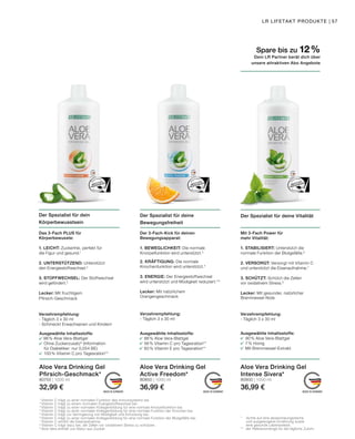 MADE IN GERMANY MADE IN GERMANY MADE IN GERMANY
	
		
		
		
		
		
	
	
			
	
Spare bis zu 12 %
Dein LR Partner berät dich über
unsere attraktiven Abo Angebote
LR LIFETAKT PRODUKTE | 57
Der Spezialist für dein
Körperbewusstsein
Das 3-Fach PLUS für
Körperbewusste:
1. LEICHT: Zuckerfrei, perfekt für
die Figur und gesund.1
2. UNTERSTÜTZEND: Unterstützt
den Energiestoffwechsel.2
3. STOFFWECHSEL: Der Stoffwechsel
wird gefördert.2
Lecker: Mit fruchtigem
Pfirsich-Geschmack
Verzehrempfehlung:
- Täglich 3 x 30 ml
- Schmeckt Erwachsenen und Kindern
1	
Vitamin C trägt zu einer normalen Funktion des Immunsystems bei.
2	
Vitamin C trägt zu einem normalen Energiestoffwechsel bei.
3	
Vitamin C trägt zu einer normalen Kollagenbildung für eine normale Knorpelfunktion bei.
4	
Vitamin C trägt zu einer normalen Kollagenbildung für eine normale Funktion der Knochen bei.
5	
Vitamin C trägt zur Verringerung von Müdigkeit und Ermüdung bei.
6	
Vitamin C trägt zu einer normalen Kollagenbildung für eine normale Funktion der Blutgefäße bei.
7	
Vitamin C erhöht die Eisenaufnahme.
8	
Vitamin C trägt dazu bei, die Zellen vor oxidativem Stress zu schützen.
9
	Aloe Vera enthält von Natur aus Zucker.
* Achte auf eine abwechslungsreiche
und ausgewogene Ernährung sowie
eine gesunde Lebensweise.
**	 der Referenzmenge für die tägliche Zufuhr.
Aloe Vera Drinking Gel
Intense Sivera*
80800 | 1000 ml
36,99 €
Mit 3-Fach Power für
mehr Vitalität:
1. STABILISIERT: Unterstützt die
normale Funktion der Blutgefäße.6
2. VERSORGT: Versorgt mit Vitamin C
und unterstützt die Eisenaufnahme.7
3. SCHÜTZT: Schützt die Zellen
vor oxidativem Stress.8
Lecker: Mit gesunder, natürlicher
Brennnessel-Note
Verzehrempfehlung:
- Täglich 3 x 30 ml
Der 3-Fach-Kick für deinen
Bewegungsapparat:
1. BEWEGLICHKEIT: Die normale
Knorpelfunktion wird unterstützt.3
2. KRÄFTIGUNG: Die normale
Knochenfunktion wird unterstützt.4
3. ENERGIE: Der Energiestoffwechsel
wird unterstützt und Müdigkeit reduziert.2,5
Lecker: Mit natürlichem
Orangengeschmack
Verzehrempfehlung:
- Täglich 3 x 30 ml
Aloe Vera Drinking Gel
Active Freedom*
80850 | 1000 ml
36,99 €
Aloe Vera Drinking Gel
Pfirsich-Geschmack*
80750 | 1000 ml
32,99 €
Ausgewählte Inhaltsstoffe:
	 88% Aloe Vera-Blattgel
	 56% Vitamin C pro Tagesration**
	 60% Vitamin E pro Tagesration**
Ausgewählte Inhaltsstoffe:
		90% Aloe Vera-Blattgel
		 7% Honig
		 Mit Brennnessel-Extrakt
Ausgewählte Inhaltsstoffe:
	 98% Aloe Vera-Blattgel
	 Ohne Zuckerzusatz9
(Information 		
		für Diabetiker: nur 0,054 BE)
	 100% Vitamin C pro Tagesration**
Der Spezialist für deine VitalitätDer Spezialist für deine
Bewegungsfreiheit
 