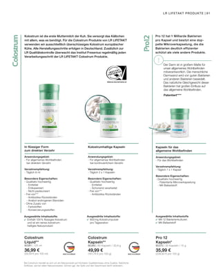 WWW.SGS-QUALITAETSSIEGEL.DE
Pro12
Colostrum
MADE IN GERMANY MADE IN GERMANY
!
Bei Colostrum handelt es sich um ein Naturprodukt auf höchstem Qualitätsniveau ohne Zusätze. Natürliche
Einflüsse, wie bei vielen Naturprodukten, können ggf. die Optik und den Geschmack leicht verändern.
Kolostrum ist die erste Muttermilch der Kuh. Sie versorgt das Kälbchen
mit allem, was es benötigt. Für die Colostrum Produkte von LR LIFETAKT
verwenden wir ausschließlich überschüssiges Kolostrum europäischer
Kühe. Alle Herstellungsschritte erfolgen in Deutschland. Zusätzlich zur
LR Qualitätskontrolle überwacht das Institut Fresenius regelmäßig jeden
Verarbeitungsschritt der LR LIFETAKT Colostrum Produkte.
Pro 12 hat 1 Milliarde Bakterien
pro Kapsel und besitzt eine dop-
pelte Mikroverkapselung, die die
Bakterien deutlich effizienter
schützt als viele andere Produkte.
Kapseln für das
allgemeine Wohlbefinden
Anwendungsgebiet:
- Für das Wohlbefinden
Verzehrempfehlung:
- Täglich 1 x 1 Kapsel
Besondere Eigenschaften:
- Qualitativ hochwertig
	 - Patentierte Mikroverkapselung
	 - Mit Ballaststoff
Pro 12
Kapseln*
80370 | 30 Kapseln / 15 g
35,99 €
(239,93 € pro 100 g)
Kolostrumhaltige Kapseln
Anwendungsgebiet:
- Für allgemeines Wohlbefinden
	 bei kontinuierlichem Verzehr
Verzehrempfehlung:
- Täglich 2 x 1 Kapseln
Besondere Eigenschaften:
- Qualitativ hochwertig
	 - Entfettet
	 - Schonend verarbeitet
- Frei von***
	 - Antibiotika-Rückständen
Colostrum
Kapseln**
80360 | 60 Kapseln / 30,9 g
49,99 €
(161,78 € pro 100 g)
In flüssiger Form
zum direkten Verzehr
Anwendungsgebiet:
- Für allgemeines Wohlbefinden
	 bei direktem Verzehr
Verzehrempfehlung:
- Täglich 8 ml
Besondere Eigenschaften:
- Qualitativ hochwertig
	 - Entfettet
	 - Entkaseiniert
	 - Nicht pasteurisiert
- Frei von***
	 - Antibiotika-Rückständen
	 - Anabol-androgenen Steroiden
- Ohne Zusatz von
	 - Farbstoffen
	 - Konservierungsstoffen
Colostrum
Liquid**
80361 | 125 ml
36,99 €
(29,59 € pro 100 ml)
Patentiert****
Der Darm ist in großem Maße für
unser allgemeines Wohlbefinden
mitverantwortlich. Die menschliche
Darmwand wird von guten Bakterien
und anderen Bakterien besiedelt.
Das natürliche Gleichgewicht dieser
Bakterien hat großen Einfluss auf
das allgemeine Wohlbefinden.
Ausgewählte Inhaltsstoffe:
	 Enthält 100% flüssiges Kolostrum
	 und ist ein reines kolostrum-
	 haltiges Naturprodukt
Ausgewählte Inhaltsstoffe:
	 	800 mg Kolostrumpulver
		pro Tagesration
Ausgewählte Inhaltsstoffe
	 Mit 12 Bakterienkulturen
	 Mit Ballaststoff
LR LIFETAKT PRODUKTE | 61
 