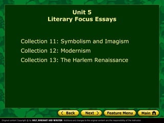 Unit 5
         Literary Focus Essays


Collection 11: Symbolism and Imagism
Collection 12: Modernism
Collection 13: The Harlem Renaissance
 