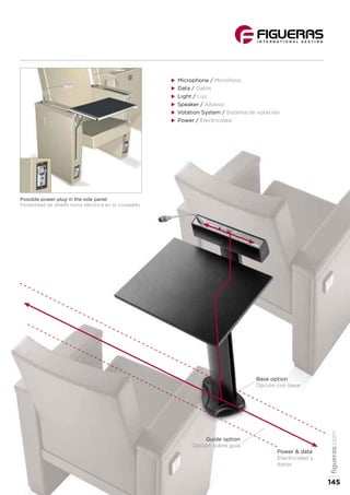 Possible power plug in the side panel
Posibilidad de añadir toma eléctrica en el costadillo
Power & data
Electricidad y
datos
XX Microphone / Micrófono
XX Data / Datos
XX Light / Luz
XX Speaker / Altavoz
XX Votation System / Sistema de votación
XX Power / Electricidad
Base option
Opción con base
Guide option
Opción sobre guía
figueras.com
145
 