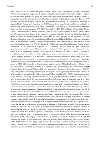 Argentina
Maas (26-6-2008). « Los celulares del futuro, en Italia». Diario Clarín. Consultado el 27-6-2008. Este número
elevado se debe, en parte, a que personas de bajo nivel adquisitivo pudieron en los últimos años acceder a los planes
de pago. El correo postalservicio postal, que cubre todo el país, es de propiedad mixta (privada y estatal). El
principal exponente del sector es el Correo Oficial de la República ArgentinaCorreo Argentino. Hay casi 1500
estaciones de radio, de las cuales 260 son AM, aproximadamente 1150 son FM.Véase también: Televisión de
ArgentinaDiarios Circulan en la Argentina más de 200 diarios, de los cuales los más vendidos son publicados en
Buenos Aires: Diario ClarínClarín (el de mayor circulación),« Clarín fuerte y en crecimiento» (pdf). Asociación
técnica de diarios latinoamericanos (3-9-2006). Consultado el 24-6-2008.La Nación (Argentina)La Nación,
Página/12, Diario PerfilPerfil, Tiempo Argentino (diario de 2010)Tiempo Argentino y Diario Crónica (Buenos
Aires)Crónica, entre otros. Algunos de los principales periódicos del interior del país son: Diario Los AndesLos
Andes de Ciudad de MendozaMendoza, La Capital (Mar del Plata)La Capital de Mar del Plata, La Capital
(Rosario)La Capital de Rosario (Argentina)Rosario, El Día (Argentina)El Día de La Plata, La Gaceta - TucumánLa
Gaceta de San Miguel de Tucumán, La Nueva Provincia de Bahía Blanca, Diario de CuyoCuyo de Ciudad de San
Juan (Argentina)San Juan y La Voz del Interior de Córdoba (Argentina)Córdoba.Población Centros urbanos
Distribución de la poblaciónLa Argentina es, a menudo, descrita como un país Macrocefalia
(geopolítica)macrocefálico,Antonio María Hernández. « El Derecho Público provincial en el origen y el destino
último de la ley fundamental nacional». Poder Judicial de la Provincia de Tierra del Fuego. Consultado el
24-6-2008.Salvador Treber (2005). « El Rol del Estado en la Economía Nacional en la propuesta del PlanFénix».
Topos & Tropos. Consultado el 24-6-2008. debido a la enorme influencia de su capital, Buenos Aires, en casi todos
los aspectos de la vida nacional. Con un área metropolitana de más de doce millones de habitantes, es el principal
centro urbano del país, concentrando un 31% de la población y un 40% del producto interno brutoproducto bruto en
apenas un 0,14% del territorio. En un distante segundo lugar se encuentra el Gran Córdoba, cuya población es casi
diez veces menor. Las principales ciudades de la Argentina, cuyas áreas metropolitanas sobrepasan los 700.000
habitantes (Censo de Argentina#2001censo 2001), son las siguientes: Buenos Aires (Gran Buenos Aires: 12.046.799
hab.), centro político, económico y cultural del país. Por su puerto se realiza gran parte del intercambio comercial de
la Argentina con el resto del mundo. Córdoba (Argentina)Córdoba (Gran Córdoba: 1.368.301 hab.), es un importante
núcleo industrial, comercial y cultural en el centro del país. Rosario (Argentina)Rosario (Gran Rosario: 1.161.188
hab.), principal puerto fluvial del país, concentrando el movimiento de granos de una vasta zona de la Pampa
Húmeda. Es también un activo centro cultural, industrial y financiero. Ciudad de MendozaMendoza (Gran Mendoza:
848.660 hab.), agrupa las actividades agroindustriales de un importante valle vitivinícola y frutal en el oeste del país.
San Miguel de Tucumán (Gran San Miguel de TucumánGran S. M. de Tucumán: 738.479 hab.) principal urbe del
norte argentino, desarrollada en torno a la industrialización de la Saccharum officinarumcaña de azúcar. Con más de
600.000 habitantes: La Plata y Mar del Plata. Con más de 500.000 habitantes: Ciudad de Santa Fe (Argentina)Santa
Fe. Con más de 400.000 habitantes: Ciudad de SaltaSalta y Ciudad de San Juan (Argentina)San Juan. Existen
también tres ciudades que superan los 300.000 residentes, cinco con más de 200.000 y once con más de 100.000
habitantes. Véase también: Censo de ArgentinaDemografía Proyección y estimación de población entre 1950 y 2015
Fuente: Instituto Nacional de Estadística y Censos de ArgentinaINDEC.Pirámide poblacional de la Argentina (2008).
Fuente: INDEC. De acuerdo a datos provisionales, la población de la República Argentina de acuerdo al Censo
argentino de 2010censo del 27 de octubre de 2010 que realizó el Instituto Nacional de Estadística y Censos de
ArgentinaINDEC asciende a 40.091.359 habitantes, con una densidad media de 14,4 thab/km² (sin considerar la
superficie reclamada de la Antártida Argentina e Departamento Islas del Atlántico SurIslas del Atlántico Sur). Censo
2010: en el país viven 40.091.359 personas (38,9% en la provincia de Buenos Aires). Ámbito FinancieroComo el
relevamiento de 2001 había arrojado un total de 36.260.130 habitantes, el incremento de población fue de 3.831.229
habitantes con una tasa de variación intercensal 2001-2010 del 10,6%, menor a la registrada entre los censos de 1991
y 2001 del 11,2%. Cuadro Total del país según provincia. Población censada en 1991 y 2001 y variación intercensal
absoluta y relativa 1991-2001 - INDEC (archivo excel)El país registró en los comienzos del siglo XX altas tasas de
crecimiento poblacional, debido a los procesos de inmigración sumados a un alto Crecimiento naturalcrecimiento

28

 