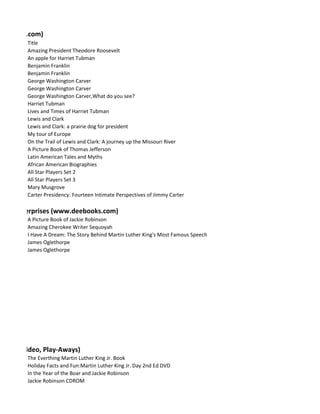 tt (follett.com)
          Title
          Amazing President Theodore Roosevelt
          An apple for Harriet Tubman
          Benjamin Franklin                                                          Children's Press
          Benjamin Franklin                                                          Heinemann Library
          George Washington Carver                                                   Children's Press
          George Washington Carver                                                   Ediciones Lerner
          George Washington Carver,What do you see?                                  Advance Publishing
          Harriet Tubman                                                             Abdo Publishing
          Lives and Times of Harriet Tubman                                          Heinemann Library
          Lewis and Clark                                                            Childrens Press
          Lewis and Clark: a prairie dog for president                               Random House
          My tour of Europe                                                          Millbrook Press
          On the Trail of Lewis and Clark: A journey up the Missouri River
          A Picture Book of Thomas Jefferson                                         Holiday House
          Latin American Tales and Myths                                             Rourke Publishing
          African American Biographies                                               Rourke Publishing
          All Star Players Set 2                                                     PowerKids Press
          All Star Players Set 3                                                     PowerKids Press
          Mary Musgrove                                                              State Standards Pub.
          Carter Presidency: Fourteen Intimate Perspectives of Jimmy Carter          U Pr of Am

onal Enterprises (www.deebooks.com)
          A Picture Book of Jackie Robinson                                          Holiday House
          Amazing Cherokee Writer Sequoyah                                           Enslow
          I Have A Dream: The Story Behind Martin Luther King's Most Famous Speech
          James Oglethorpe                                                           State Standards Publishing
          James Oglethorpe                                                           Opening Day Collections




n (DVD,Video, Play-Aways)
          The Everthing Martin Luther King Jr. Book                                  Playaway Digitial
          Holiday Facts and Fun:Martin Luther King Jr. Day 2nd Ed DVD                Discovery Education
          In the Year of the Boar and Jackie Robinson                                Playaway Digitial
          Jackie Robinson CDROM                                                      Magic Wagon
 
