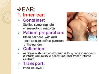 EAR:
1. Inner ear:
   Container:
•   Sterile , screw-cap tube
    or anaerobic transporter
   Patient preparation:
•   Clean ear canal with mild
    soap solution before puncture
    of the ear drum
   Collection:
   Aspirate material behind drum with syringe if ear drum
    is intact; use swab to collect material from ruptured
    eardrum
   Transport:
•   Immediately/RT
 