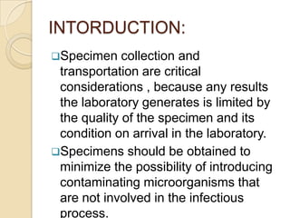 INTORDUCTION:
Specimen    collection and
 transportation are critical
 considerations , because any results
 the laboratory generates is limited by
 the quality of the specimen and its
 condition on arrival in the laboratory.
Specimens should be obtained to
 minimize the possibility of introducing
 contaminating microorganisms that
 are not involved in the infectious
 process.
 