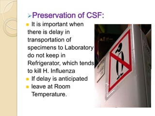Preservation of CSF:
 It is important when
 there is delay in
 transportation of
 specimens to Laboratory
 do not keep in
 Refrigerator, which tends
 to kill H. Influenza
 If delay is anticipated
 leave at Room
   Temperature.
 