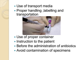  Use of transport media
 Proper handling ,labelling and
  transportation




 Use of proper container
 Instruction to the patient
 Before the administration of antibiotics
 Avoid contamination of specimens
 