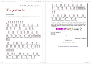 Sucrepop - Facile - Johnny Hallyday - Le pénitencier                                                       http://www.sucrepop.com/articles.php?lng=fr&pg=1807&prt=2                     Sucrepop - Facile - Johnny Hallyday - Le pénitencier                                                  http://www.sucrepop.com/articles.php?lng=fr&pg=1807&prt=2




                                                                              Facile - Johnny Hallyday - Le pénitencier
                                                                                                                                                                                                                   Toi la         fille qui           m'a ai        mé je          t'ai trop           fait pleu         rer les         larmes de




                                                                                                                                                                                                                  honte que tu            as ver          sées il           faut les           oubli        er




                 Johnny Hallyday
                 Classique de Johnny adapté d'un titre anglais, The house of the rising sun, popularisé dans les années 60 par les
                 Animals
                                                                                                                                                                                                          Les          portes          du pé            niten        cier bien         tôt vont             se fer        mer et c'est         là que
                                                                                    Le pénitencier



                                                                                                                                                                                                                  je fini       rai ma          vie comme             d'autres gars              l'ont fi          nie

                                                                                                                                                                                                          There is a house in New Orleans They call the Rising Sun And it's been the ruin of many a poor boy And God I know
                                                                                                                                                                                                          I'm one . My mother was a tailor She sewed my new bluejeans My father was a gamblin' man Down in New Orleans
                 Intro
                                                                                                                                                                                                          . Now the only thing a gambler needs Is a suitcase and trunk And the only time he's satisfied Is when he's on a
                                                                                                                                                                                                          drunk. Oh mother tell your children Not to do what I have done Spend your lives in sin and misery In the House of the
                                                                                                                                                                                                          Rising Sun. Well, I got one foot on the platform The other foot on the train I'm goin' back to New Orleans To wear
                                                                                                                                                                                                          that ball and chain .
                 Les          portes            du pé          niten           cier bien                tôt vont            se fer          mer et c'est        là que




                         je fini        rai ma             vie comme               d'autres gars                l'ont fi            nie


                                                                                                                                                                                                         Date de création : 15/06/2010 @ 21:24
                                                                                                                                                                                                         Dernière modification : 20/06/2010 @ 21:50
                                                                                                                                                                                                         Catégorie : Facile
                  Pour             moi ma            mère a            donné             sa              robe              de mari         ée peux-         tu ja                                        Page lue 2 fois


                                                                                                                                                                                                                                                                        Imprimer l'article

                         mais me              pardon          ner ? je              t'ai trop            fait pleu            rer
                                                                                                                                                                                                                                                                                                             Réactions à cet article
                                                                                                                                                                                                                                                                     Réagir à cet article

                                                                                                                                                                                                                                                       Personne n'a encore laissé de commentaire.
                                                                                                                                                                                                                                                                Soyez donc le premier !

                  Le          soleil n'est           pas         fait pour              nous c'est la                 nuit qu'on            peut tri       cher toi

                                                                                                                                                                                                                                                      Meric Graphisme © 2008 - Licence Creative Commons

                         qui ce             soir a         tout per           du de             main tu               peux ga             gner .




                  O          mères,             é        coutez-moi                ne lai          ssez ja              mais vos gar               çons      seuls la



                         nuit traîner            dans les             rues ils i            ront tout              droit en pri           son




1 sur 2                                                                                                                                                               20/06/2010 22:05   2 sur 2                                                                                                                                                     20/06/2010 22:05
 