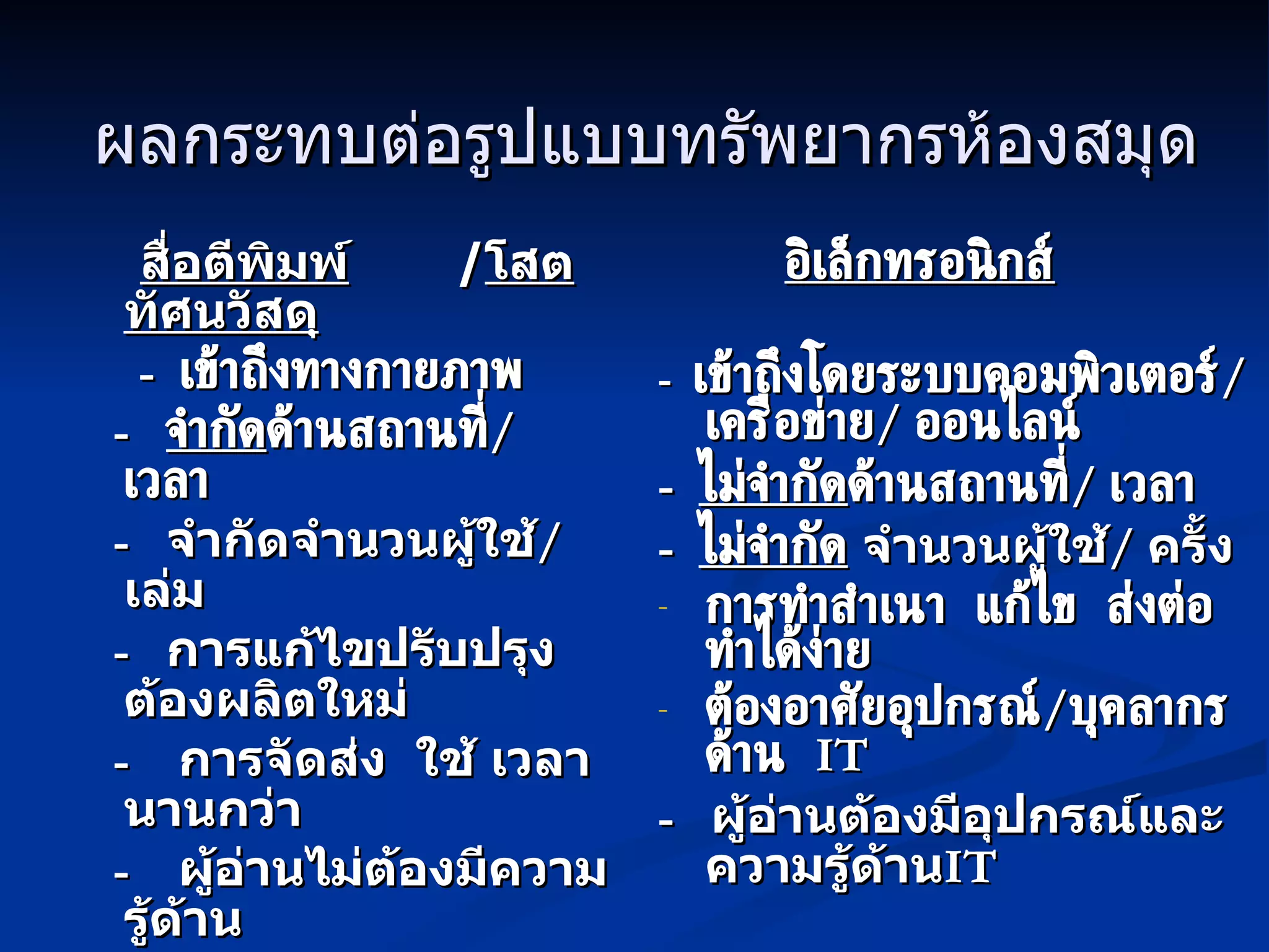 ผลกระทบต่อรูปแบบทรัพยากรห้องสมุด   สื่อตีพิมพ์   / โสตทัศนวัสดุ -  เข้าถึงทางกายภาพ  -  จำกัด ด้านสถานที่ /  เวลา   -  จำกัดจำนวนผู้ใช้ /  เล่ม -  การแก้ไขปรับปรุง ต้องผลิตใหม่  -  การจัดส่ง  ใช้ เวลานานกว่า -  ผู้อ่านไม่ต้องมีความรู้ด้าน  เทคโนโลยีสารสนเทศ อิเล็กทรอนิกส์ -  เข้าถึงโดยระบบคอมพิวเตอร์ /  เครือข่าย /  ออนไลน์ -  ไม่จำกัด ด้านสถานที่ /  เวลา   -  ไม่จำกัด  จำนวนผู้ใช้ /  ครั้ง การทำสำเนา แก้ไข ส่งต่อ ทำได้ง่าย ต้องอาศัยอุปกรณ์ / บุคลากรด้าน  IT -  ผู้อ่านต้องมีอุปกรณ์และความรู้ด้าน IT 