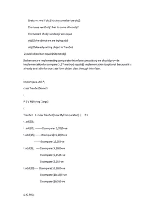 –ve if obj1 has to come before obj2
2)publicbooleanequals(Objectobj)
implementationforcompare() ,2nd
methodequals() implementationisoptional because itis
alreadyavailable forourclassformobjectclassthrough interface.
Importjava.util.*;
classTreeSetDemo3
{
P S V M(String[]args)
{
t .ad(20);
t .add(0); -------
t.add(15);------
------- -ve
t.add(5); ----
-ve
t.add(10)----
-ve
S .O.P(t);
 