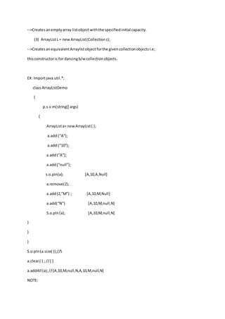 -->Createsanemptyarray listobjectwiththe specifiedinitial capacity.
(3) ArrayListL = newArrayList(Collectionc);
-->CreatesanequivalentArraylistobjectforthe givencollectionobjectsI.e;
thisconstructoris for dancingb/wcollectionobjects.
EX: Importjava.util.*;
classArrayListDemo
{
p.s.v.m(string[] args)
{
ArrayLista= newArrayList( );
a.add (“A”);
a.add (“10”);
a.add(“A”);
a.add(“null”);
s.o.pln(a); [A,10,A,Null]
a.remove(2);
a.add(2,”M”) ; [A,10,M,Null]
a.add(“N”) [A,10,M,null,N]
S.o.pln(a); [A,10,M,null,N]
}
}
}
S.o.pln(a.size( ));//5
a.clear( ) ; //[ ]
a.addAll (a);//[A,10,M,null,N,A,10,M,null,N]
NOTE:
 