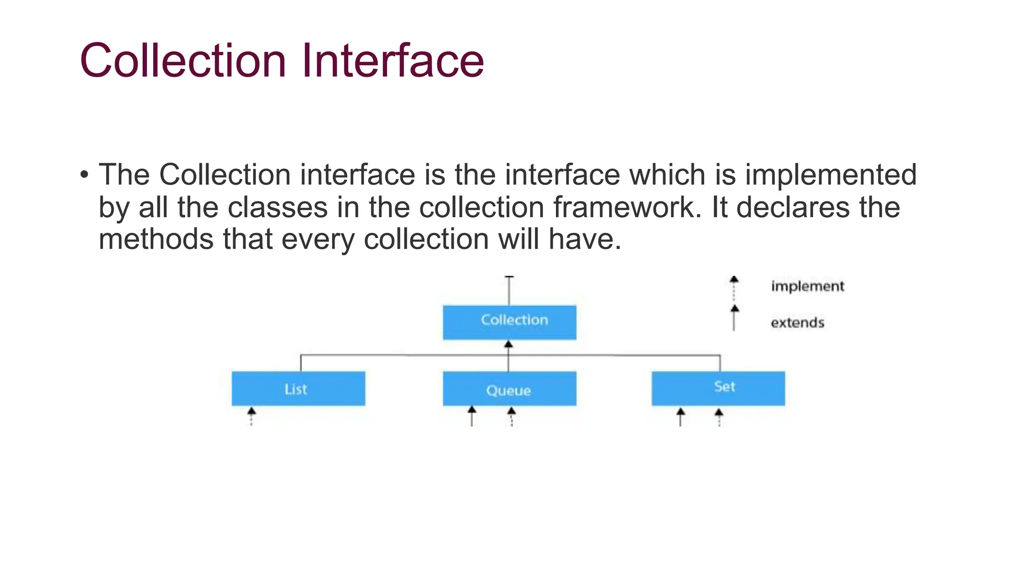 Collection Interface
• The Collection interface is the interface which is implemented
by all the classes in the collection framework. It declares the
methods that every collection will have.
 