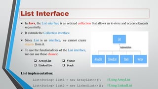 List Interface
➢ In Java, the List interface is an ordered collection that allows us to store and access elements
sequentially.
➢ It extends the Collection interface.
➢ Since List is an interface, we cannot create
objects from it.
➢ To use the functionalities of the List interface,
we can use these classes:
❑ ArrayList
❑ LinkedList
❑ Vector
❑ Stack
List implementation:
List<String> list1 = new ArrayList<>(); //Using ArrayList
List<String> list2 = new LinkedList<>(); //Using LinkedList
 