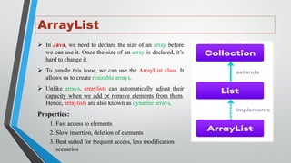 ArrayList
➢ In Java, we need to declare the size of an array before
we can use it. Once the size of an array is declared, it’s
hard to change it.
➢ To handle this issue, we can use the ArrayList class. It
allows us to create resizable arrays.
➢ Unlike arrays, arraylists can automatically adjust their
capacity when we add or remove elements from them.
Hence, arraylists are also known as dynamic arrays.
Properties:
1. Fast access to elements
2. Slow insertion, deletion of elements
3. Best suited for frequent access, less modification
scenarios
 