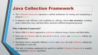 Java Collection Framework
➢ The Collection framework represents a unified architecture for storing and manipulating a
group of objects.
➢ It enhances code efficiency and readability by offering various data structures, including
arrays, linked lists, trees, and hash tables, tailored to different programming needs.
Why Collection Framework?
➢ Before JDK 1.2, Java’s approach to collections relied on Arrays, Vectors, and Hash tables.
➢ Each type of collection had its own set of methods, syntax, and constructors, without any
standardization.
➢ Developers had to remember different methods and syntax for each collection, making the
code harder to work with.
➢ This lack of cohesion emphasized the need for a unified Collection Framework to simplify
and standardize collection operations.
 