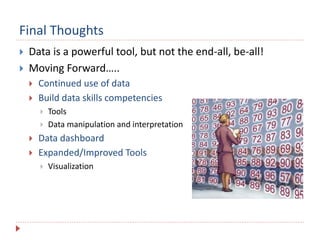 Final Thoughts
 Data is a powerful tool, but not the end-all, be-all!
 Moving Forward…..
 Continued use of data
 Build data skills competencies
 Tools
 Data manipulation and interpretation
 Data dashboard
 Expanded/Improved Tools
 Visualization
 