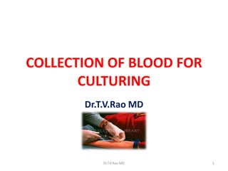 COLLECTION OF BLOOD FOR
CULTURING
Dr.T.V.Rao MD

Dr.T.V.Rao MD

1

 