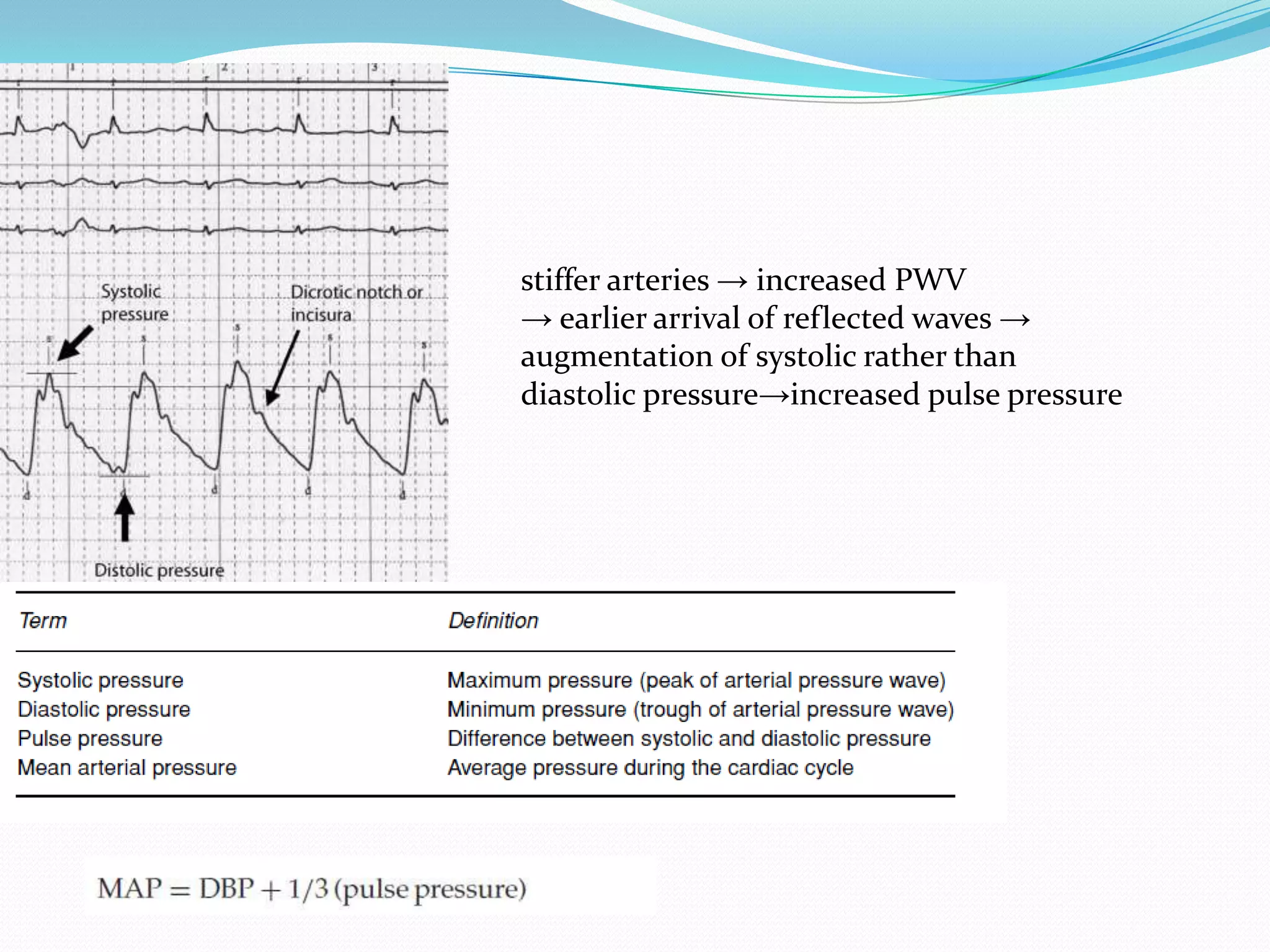 PWV
stiffer arteries → increased PWV
→ earlier arrival of reflected waves →
augmentation of systolic rather than
diastolic pressure→increased pulse pressure

 