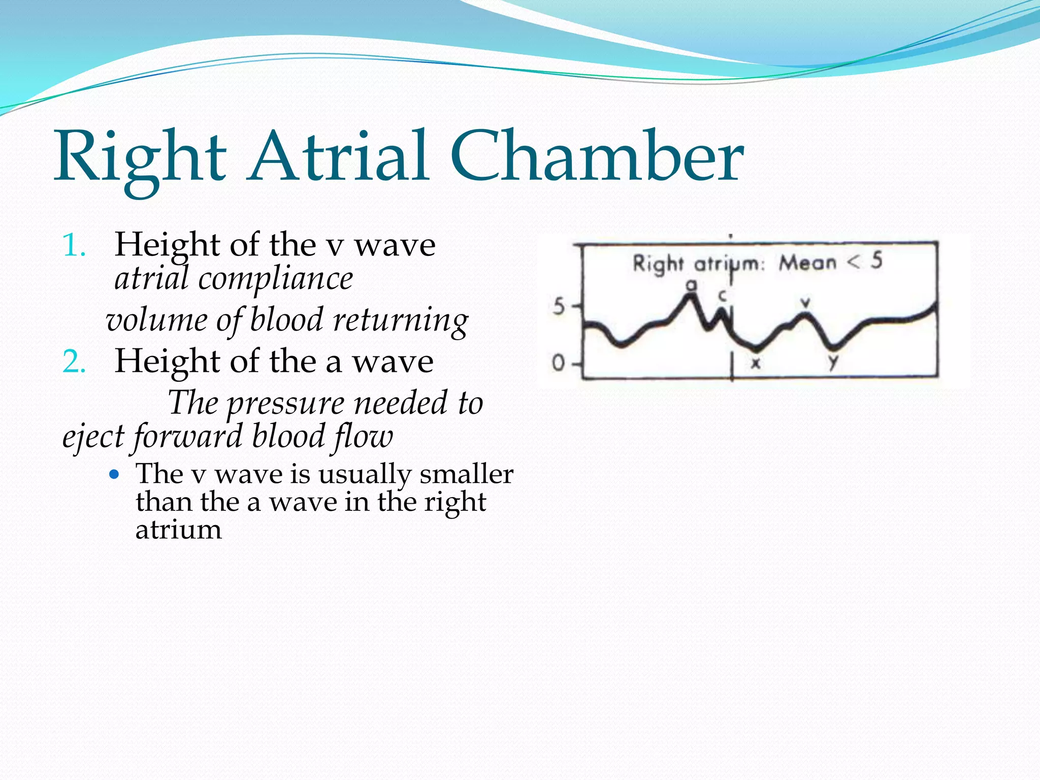 Right Atrial Chamber
1. Height of the v wave

atrial compliance
volume of blood returning
2. Height of the a wave
The pressure needed to
eject forward blood flow

 The v wave is usually smaller

than the a wave in the right
atrium

 