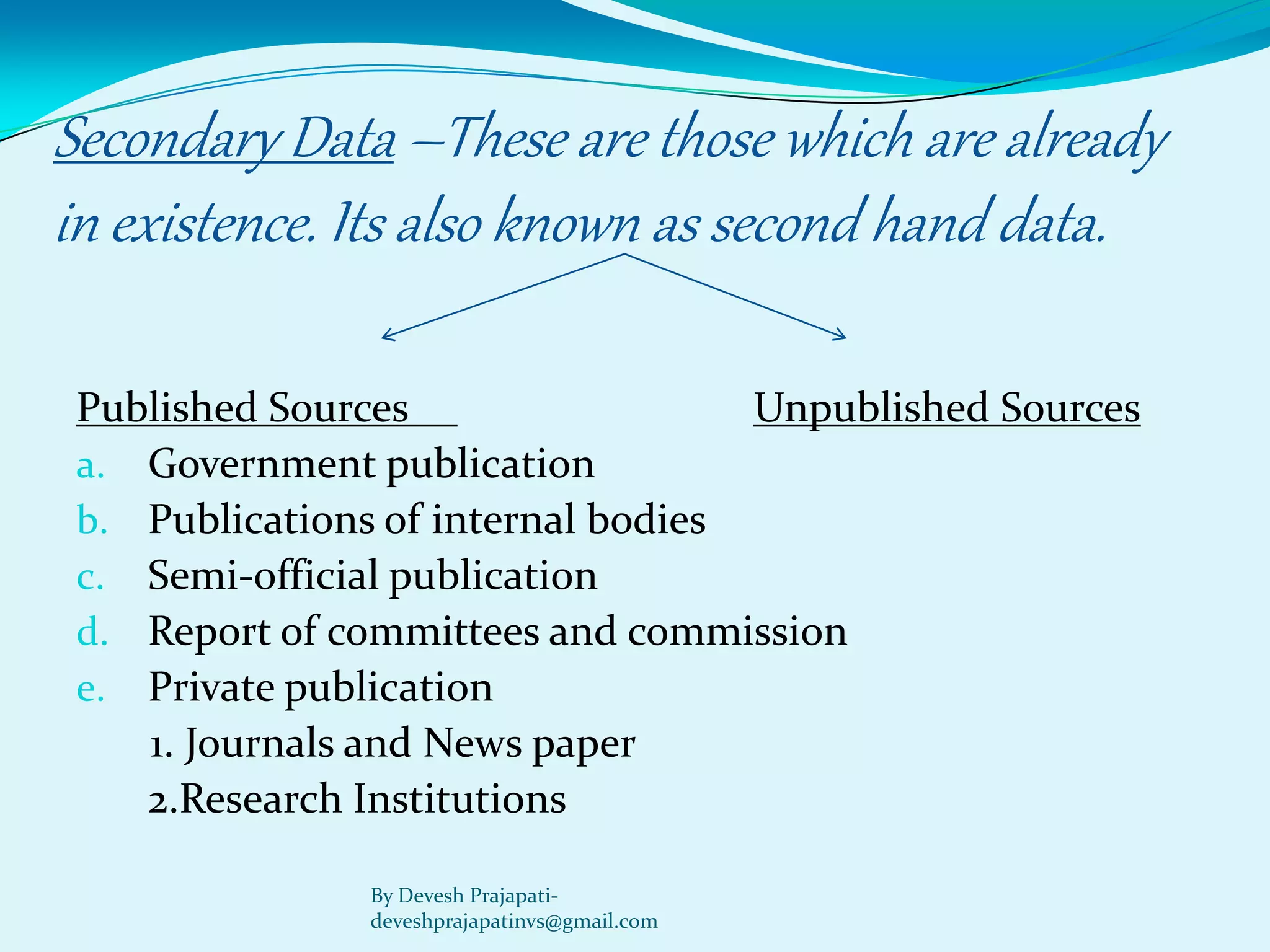 Secondary Data–These are those which are already in existence. Its also known as second hand data. 
Published SourcesUnpublished Sources 
a.Government publication 
b.Publications of internal bodies 
c.Semi-official publication 
d.Report of committees and commission 
e.Private publication 
1. Journals and News paper 
2.Research Institutions 
By Devesh Prajapati- deveshprajapatinvs@gmail.com  