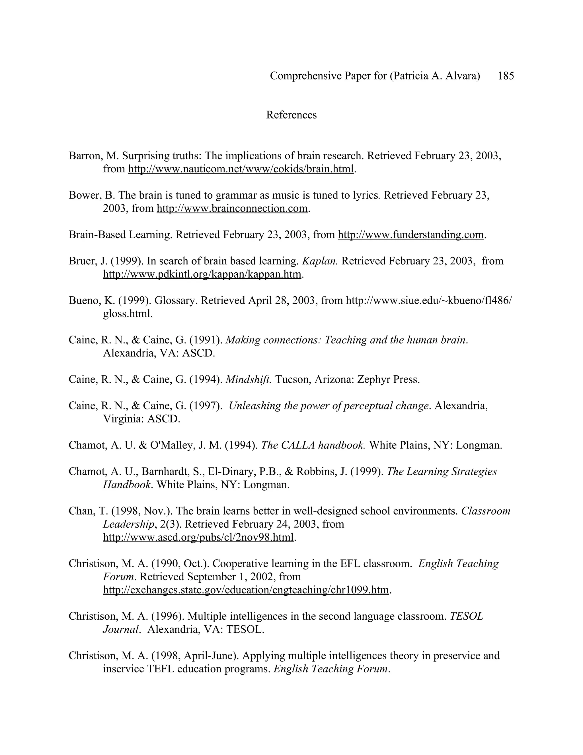 Comprehensive Paper for (Patricia A. Alvara)        185


                                           References


Barron, M. Surprising truths: The implications of brain research. Retrieved February 23, 2003,
       from http://www.nauticom.net/www/cokids/brain.html.

Bower, B. The brain is tuned to grammar as music is tuned to lyrics. Retrieved February 23,
      2003, from http://www.brainconnection.com.

Brain-Based Learning. Retrieved February 23, 2003, from http://www.funderstanding.com.

Bruer, J. (1999). In search of brain based learning. Kaplan. Retrieved February 23, 2003, from
        http://www.pdkintl.org/kappan/kappan.htm.

Bueno, K. (1999). Glossary. Retrieved April 28, 2003, from http://www.siue.edu/~kbueno/fl486/
       gloss.html.

Caine, R. N., & Caine, G. (1991). Making connections: Teaching and the human brain.
       Alexandria, VA: ASCD.

Caine, R. N., & Caine, G. (1994). Mindshift. Tucson, Arizona: Zephyr Press.

Caine, R. N., & Caine, G. (1997). Unleashing the power of perceptual change. Alexandria,
       Virginia: ASCD.

Chamot, A. U. & O'Malley, J. M. (1994). The CALLA handbook. White Plains, NY: Longman.

Chamot, A. U., Barnhardt, S., El-Dinary, P.B., & Robbins, J. (1999). The Learning Strategies
     Handbook. White Plains, NY: Longman.

Chan, T. (1998, Nov.). The brain learns better in well-designed school environments. Classroom
       Leadership, 2(3). Retrieved February 24, 2003, from
       http://www.ascd.org/pubs/cl/2nov98.html.

Christison, M. A. (1990, Oct.). Cooperative learning in the EFL classroom. English Teaching
        Forum. Retrieved September 1, 2002, from
        http://exchanges.state.gov/education/engteaching/chr1099.htm.

Christison, M. A. (1996). Multiple intelligences in the second language classroom. TESOL
        Journal. Alexandria, VA: TESOL.

Christison, M. A. (1998, April-June). Applying multiple intelligences theory in preservice and
        inservice TEFL education programs. English Teaching Forum.
 